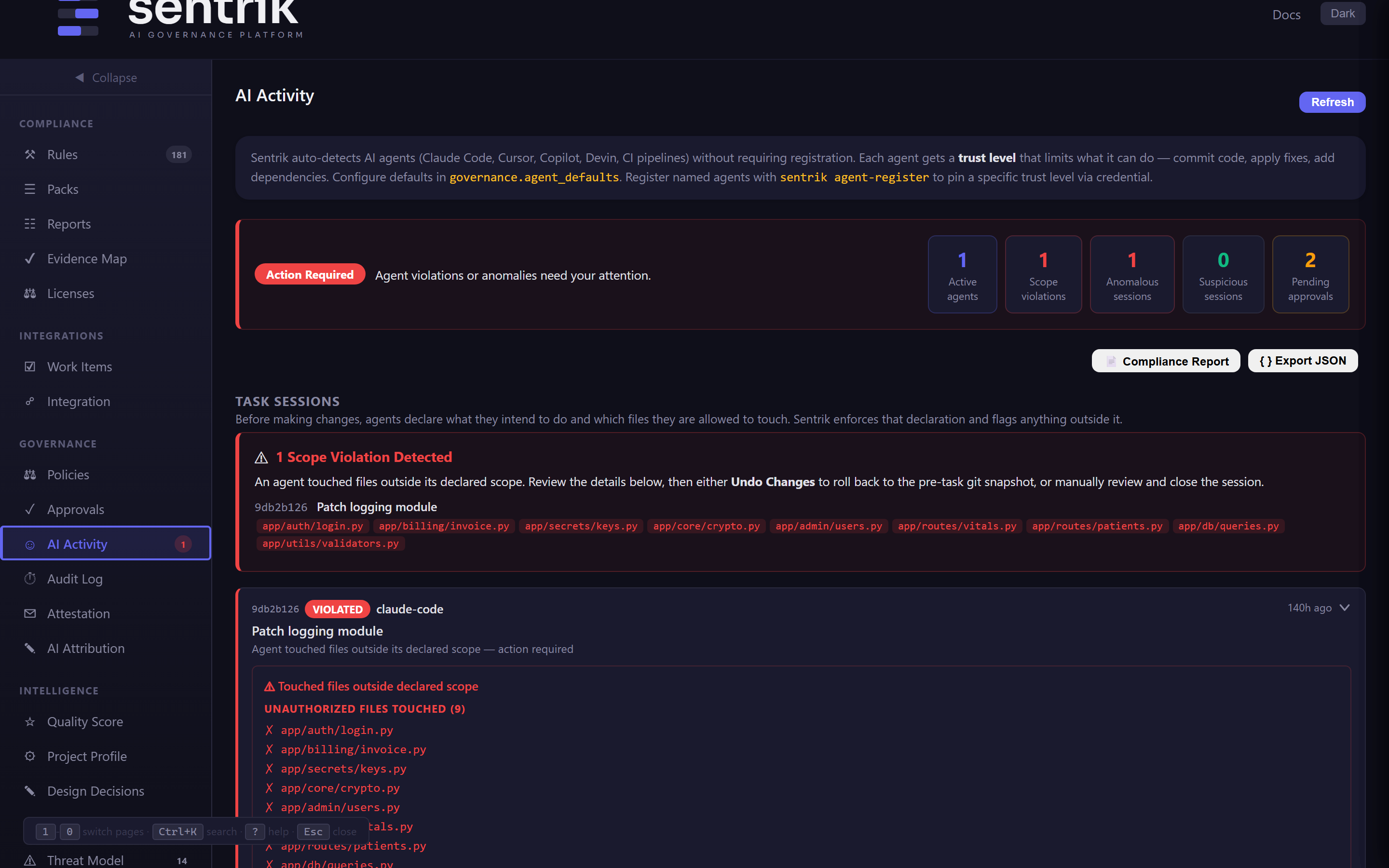AI Activity dashboard showing a scope violation from Claude Code touching 8 unauthorized files, with rollback and approval controls