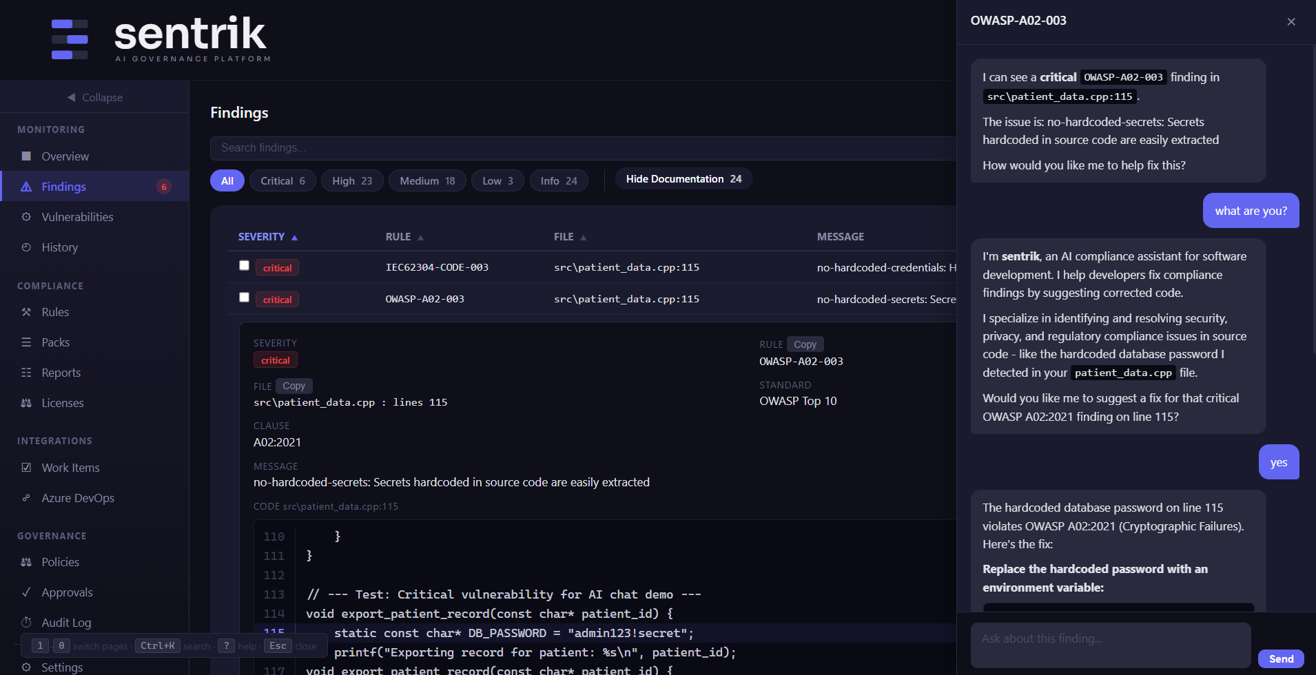 AI chat panel explaining how to fix a compliance finding