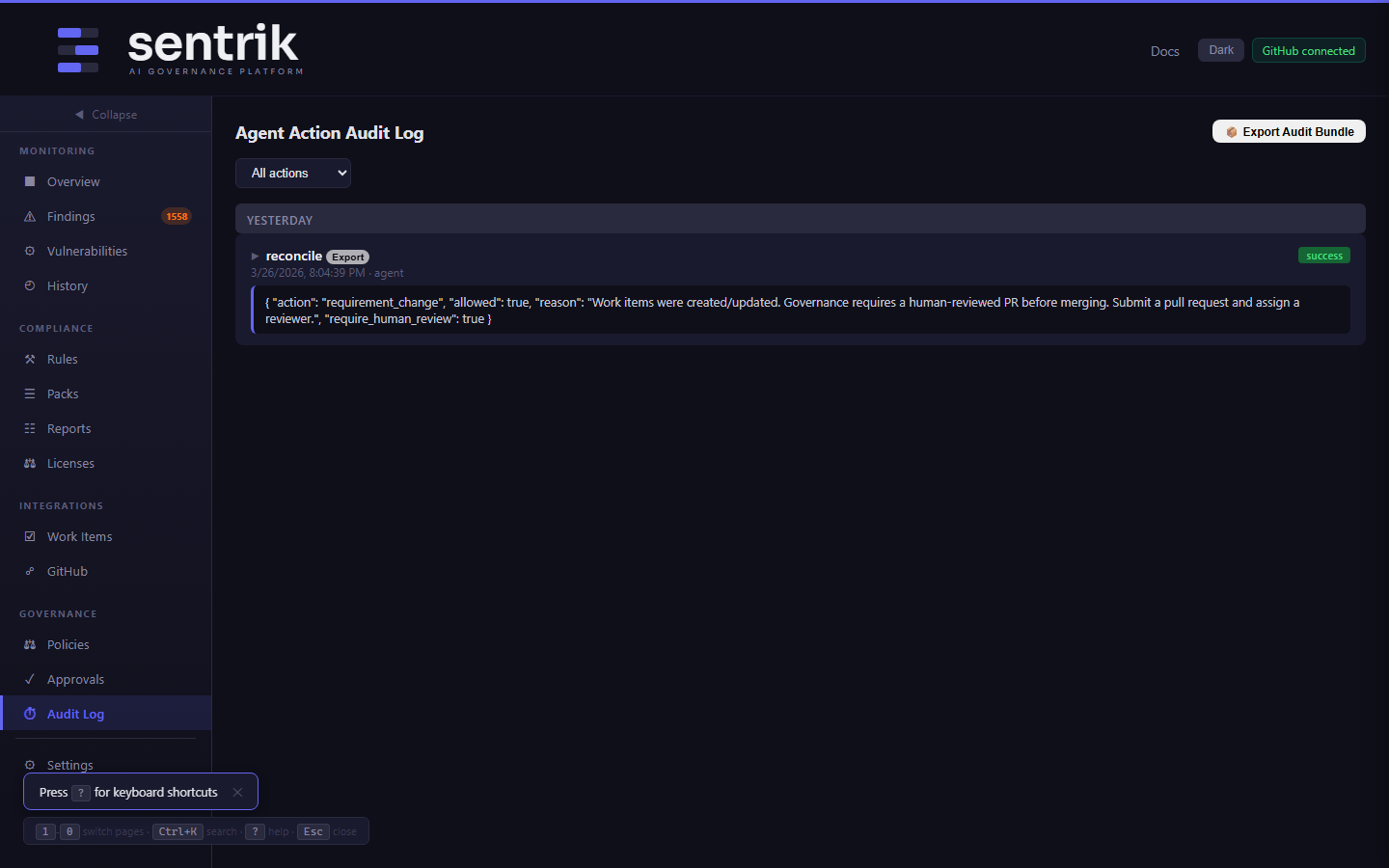 Audit log with HMAC integrity signatures