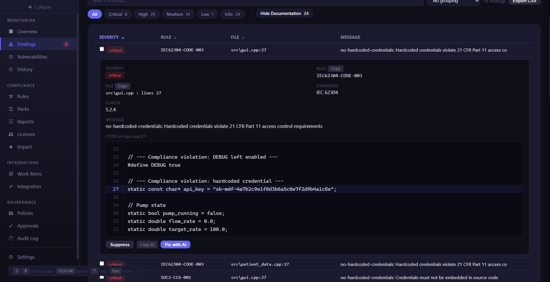 Finding detail view showing code snippet with compliance violation highlighted