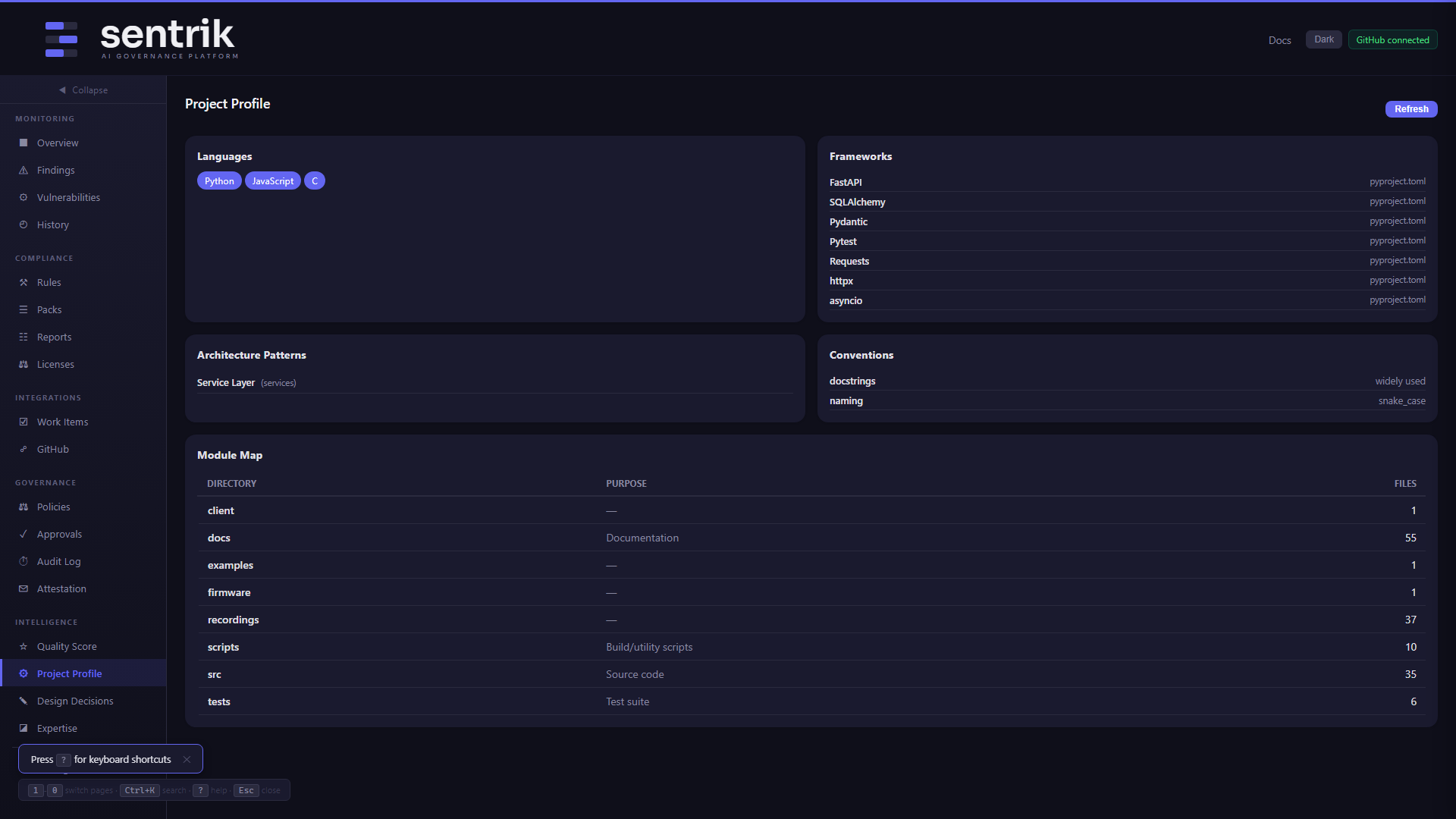 Project profile showing detected languages, frameworks, and module map