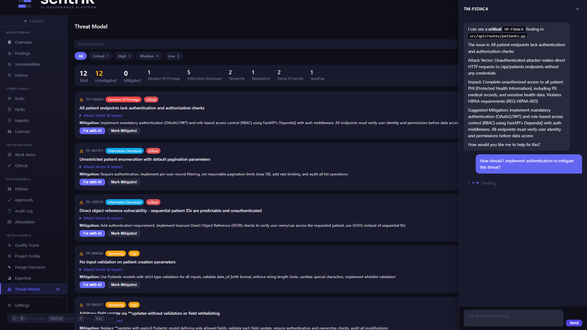 Threat model dashboard with AI chat panel open discussing mitigation strategies